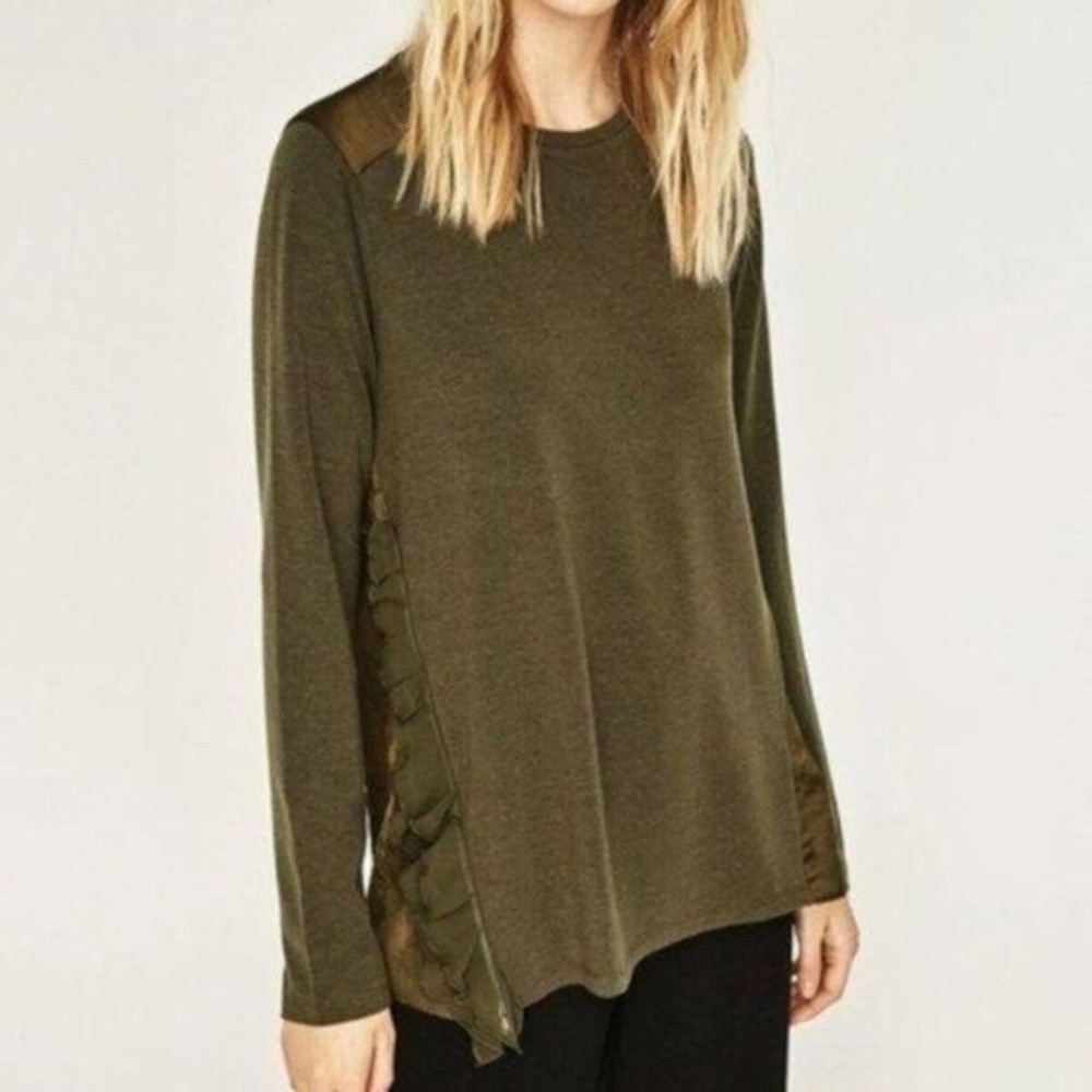 NWT ZARA Knit Satin Ruffle Zippered Tunic Top/Shirt/Blouse Sz S Crew Long Sleeve